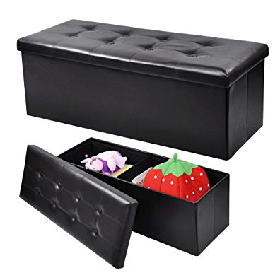 Hmlai Storage Box Stool, Collapsible Faux Leather Storage Ottoman Cube Foldable Storage Box Foot Rest Stool (L, black)