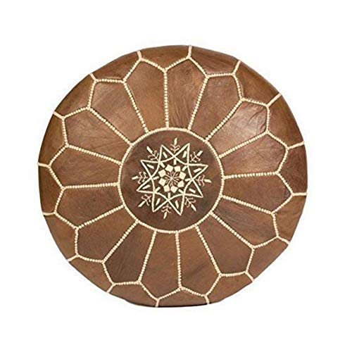 Premium Handmade Moroccan Pouf Ottoman Natural Brown Tan Leather Hand Embroidered with zipper large round furniture chairs for seating footstool or coffee table