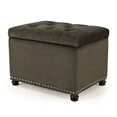 Adeco High End Dark Classy Tufted, Accents Rectangular Storage Bench Ottoman Footstool, Olive Grey