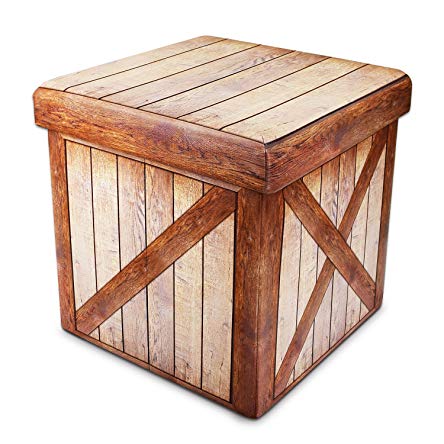 Ikee Design Wood Pattern Folding Storage Ottoman - Faux Leather Collapsible Cube Foot Rest Stool Coffee Table