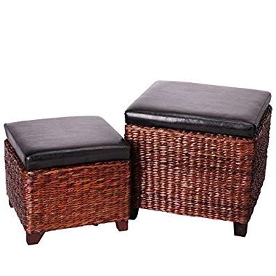 Eshow Ottoman Rattan Ottoman with Storage Hassocks and Ottomans Foot Rest Pouf Ottoman Foot Stools Cube Decoration Furniture Leather Ottoman Seating Storage Bench Ottoman with Tray Small 2-Piece,Brown