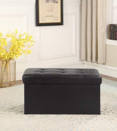 Viola Tricolor Folding Storage Ottoman Bench, Great as a Double Seat or a Foot-rest Stool, Space Saver for Toys or Blanket, Faux Leather(31.5” L x 14.9” W x 14.9” H, black)